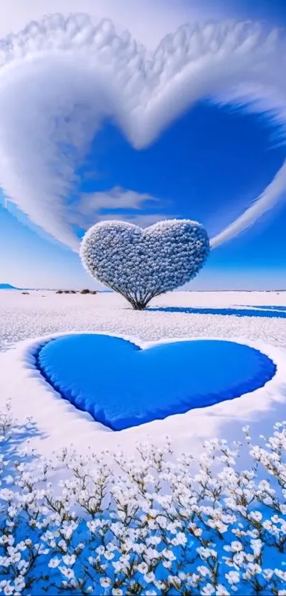 Heart-shaped cloud over flowery field under bright blue sky.