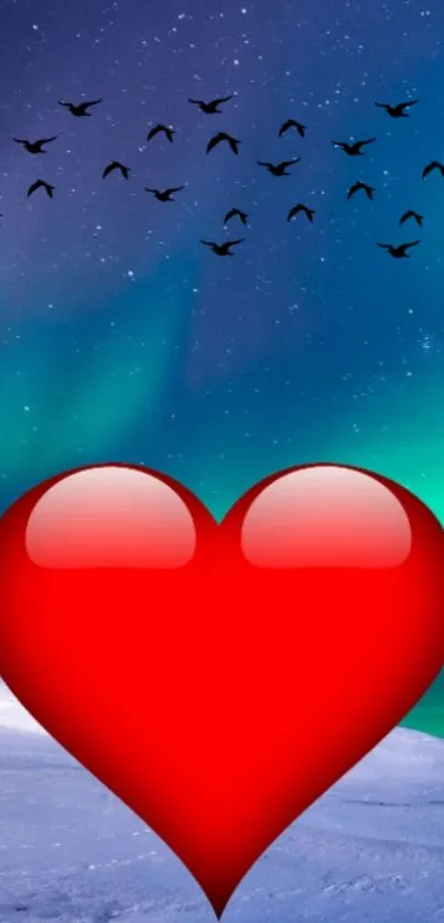 Red heart with Northern Lights and birds in the sky.