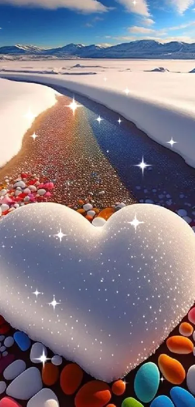 Heart-shaped snow on colorful river stones in a snowy landscape.