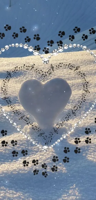 Heart-shaped snow in golden sunrise with intricate patterns and paw prints.