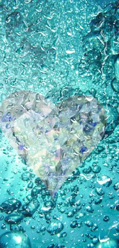 Heart-shaped art amid sparkling blue water bubbles, vibrant and serene.