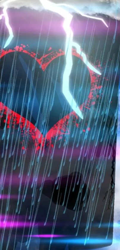 Heart in stormy rain with lightning on a phone wallpaper.