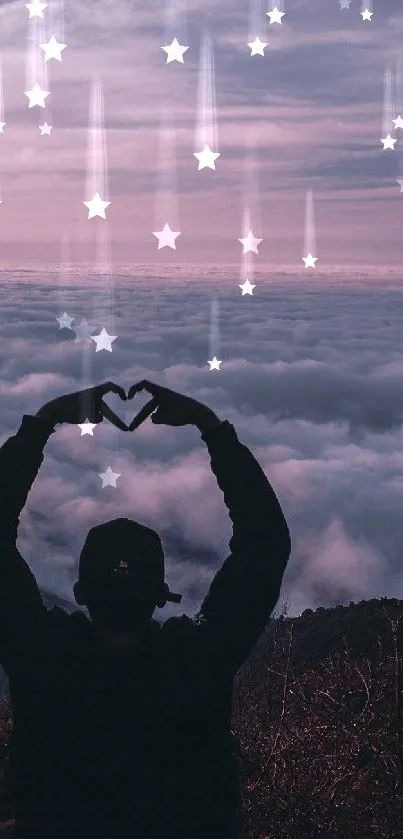 Silhouette forming heart over cloud-filled sunset landscape.