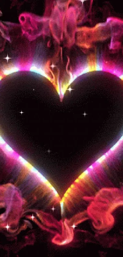 Vivid neon heart with colorful swirling smoke on dark background.