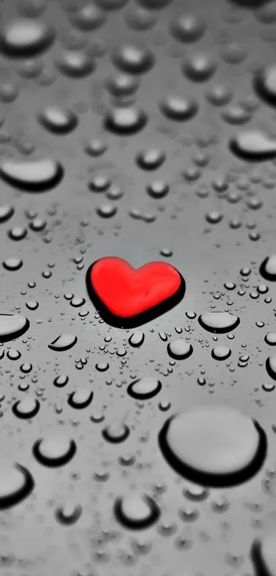 Red heart surrounded by water droplets on a grey background.