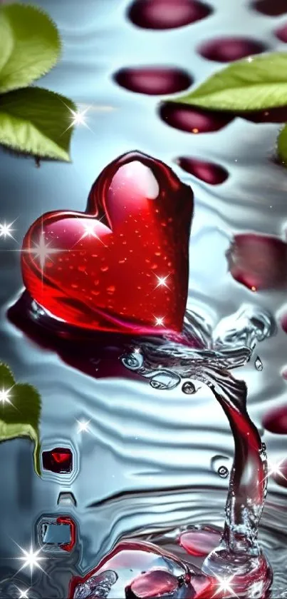 Heart-shaped red drop in water with green leaves, vibrant nature design.