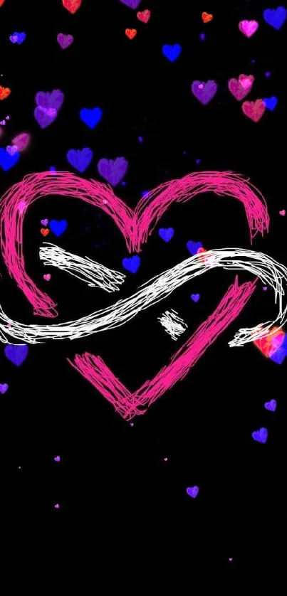 Pink heart with white infinity on black background wallpaper.