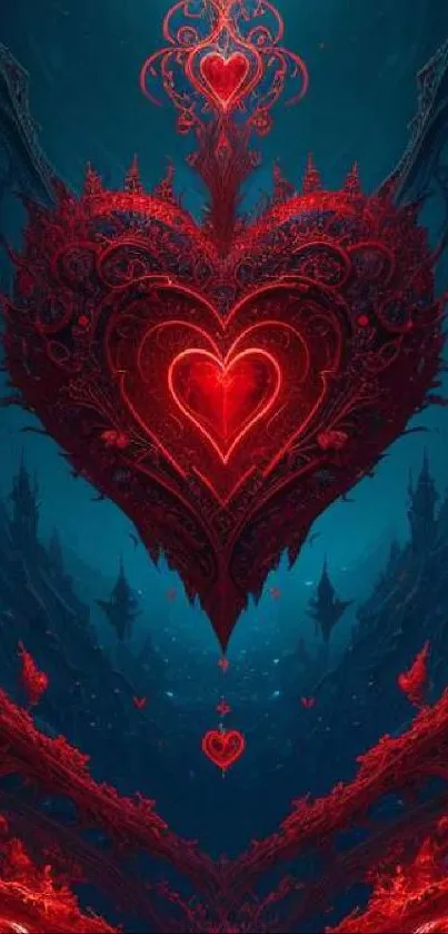 Intricate heart design with red and blue hues in a fantasy style wallpaper.
