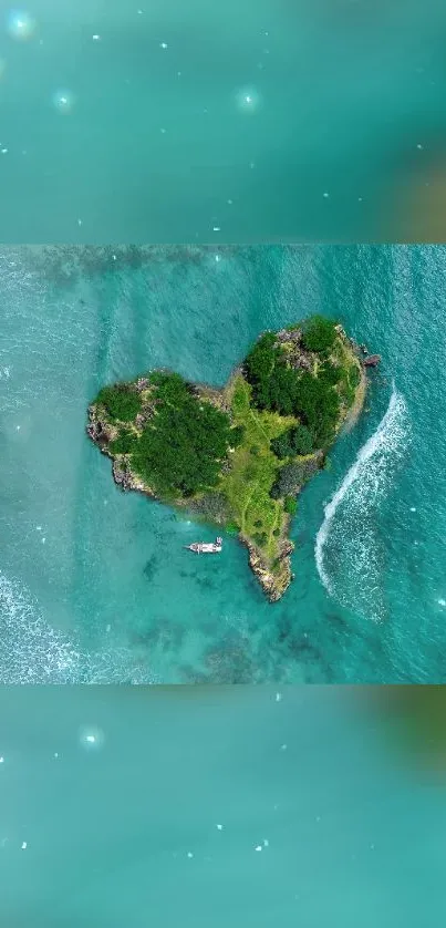 Aerial view of heart-shaped island in turquoise ocean.