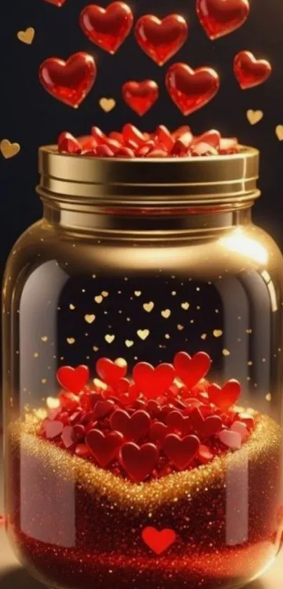 Jar filled with glowing red hearts in a golden light.