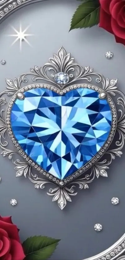Blue heart gemstone with roses in a silver frame.