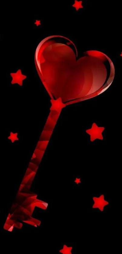 Heart-shaped key with red stars on black background wallpaper.