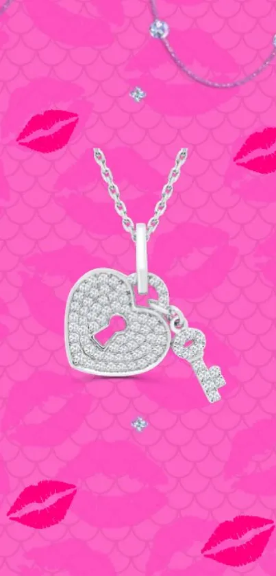 Sparkling heart key necklace on pink background with lips.