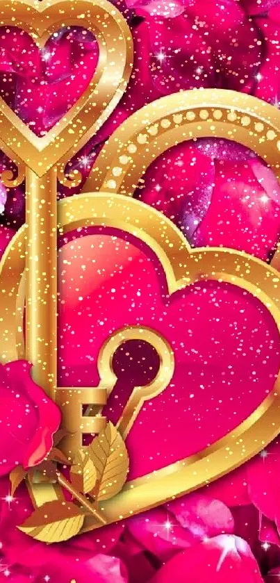 Golden heart key and rose on pink petals wallpaper.