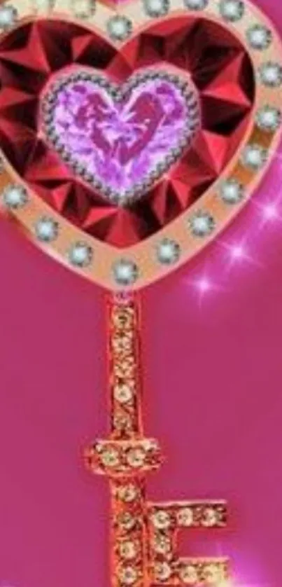 Heart-shaped key with jeweled accents on pink background.