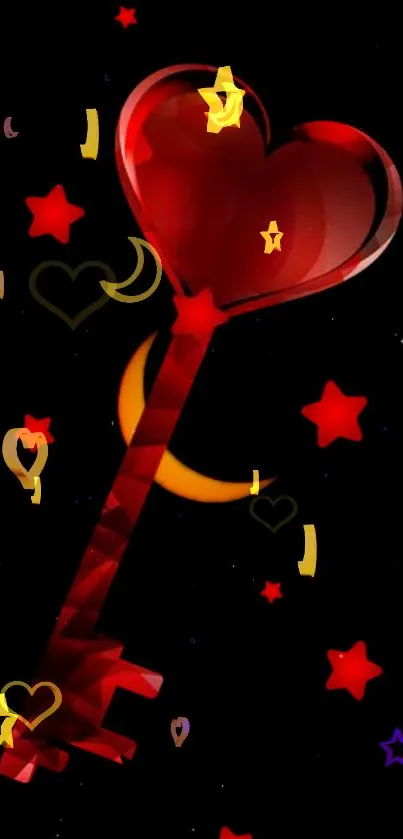 Heart-shaped key with red stars on black background.