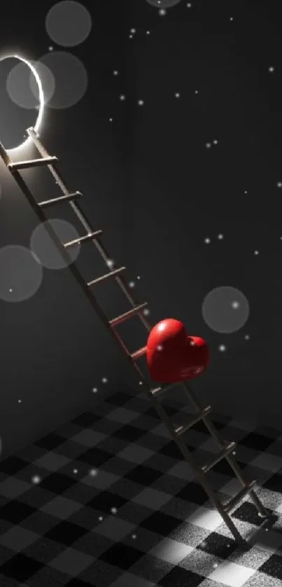 Heart on a ladder towards the moon on a checkered floor wallpaper.