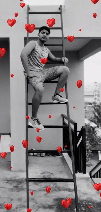 Man on ladder with red floating hearts in urban scene wallpaper.