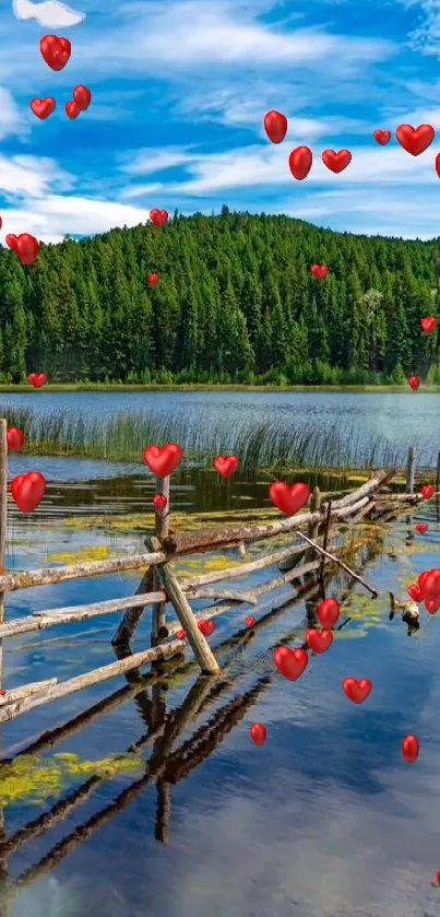 Scenic lake wallpaper with red hearts and green forest.