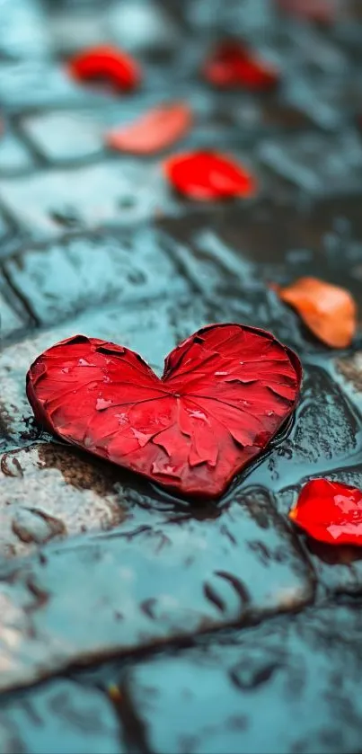 Heart-shaped red leaf on wet stones.