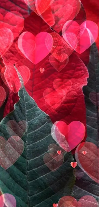 Red leaves with heart overlays create a romantic mobile wallpaper.