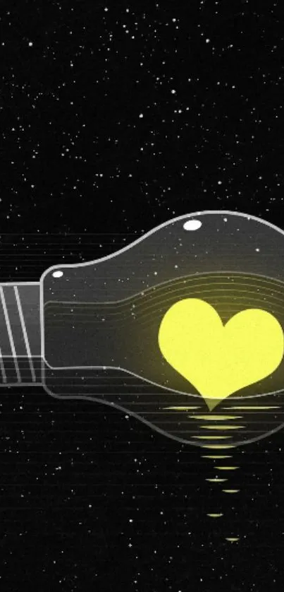 Mobile wallpaper with a light bulb and yellow heart on a starry black background.