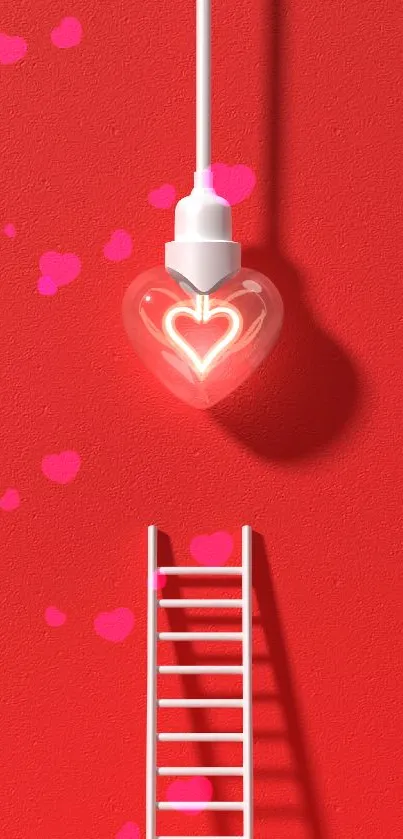 Red wallpaper with heart-shaped light and ladder design.