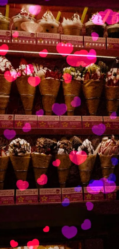 Ice cream cones with heart lights in a vibrant display.