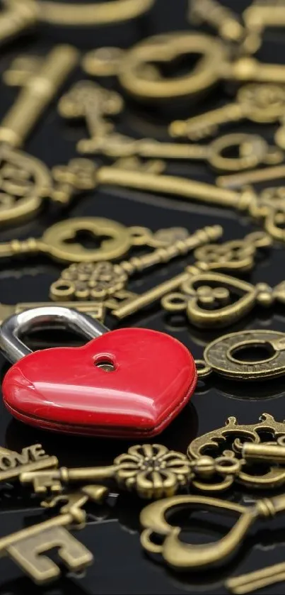 Red heart lock surrounded by antique keys on dark background.