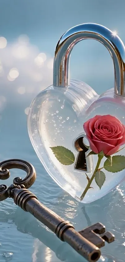 Heart-shaped lock with rose and key on water.