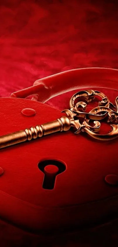 Red heart-shaped lock with ornate brass key on vibrant backdrop.