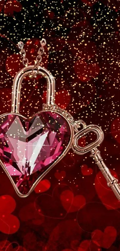 Heart lock and key wallpaper with red theme.