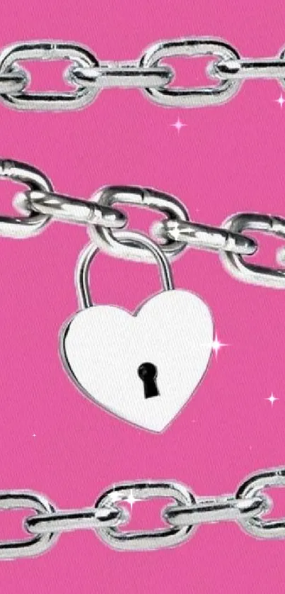 Pink wallpaper with silver chains and a heart lock.