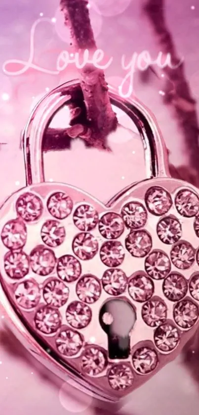 Heart-shaped lock with gems on pink background with 'Love you' text.