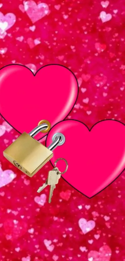 Mobile wallpaper featuring two pink hearts and a lock with keys.