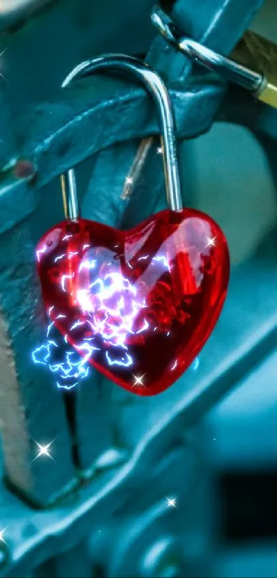 Bright red heart lock on blue fence, symbolizing love.