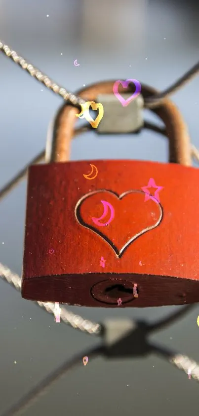 Red heart lock hanging on a chain fence, symbolizing love and connection.