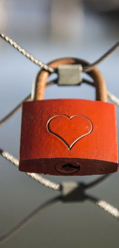 Red heart-engraved lock on wire fence, symbolizing love and security.