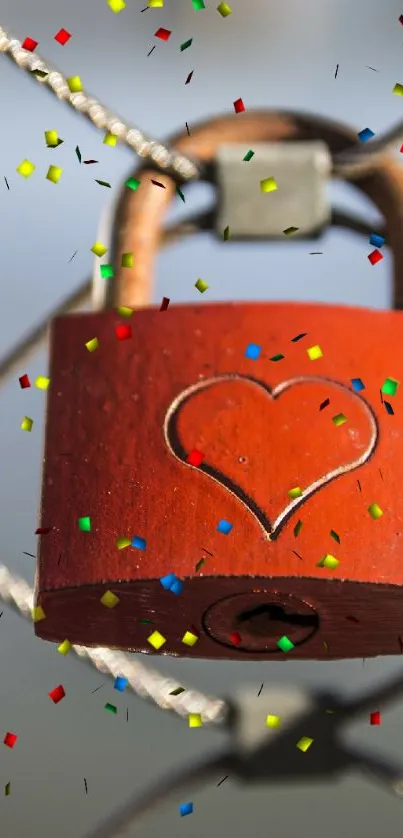 Red heart lock with colorful confetti on a fence.