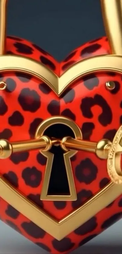 Red leopard heart lock with golden keys.
