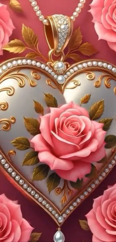Heart-shaped locket with roses mobile wallpaper.