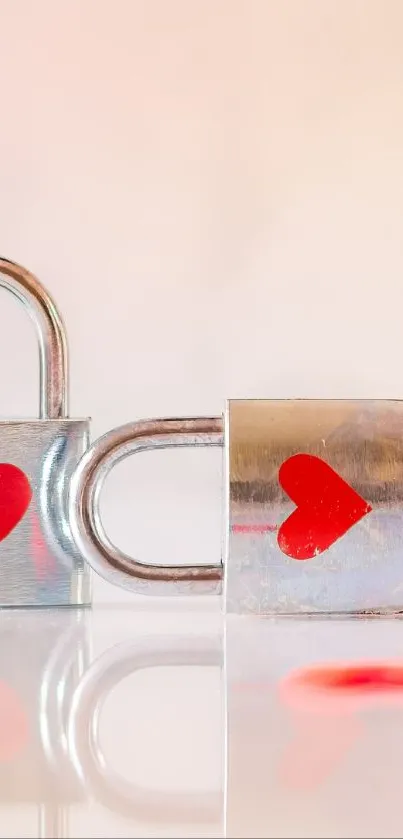 Two shiny padlocks with red hearts on a reflected surface.