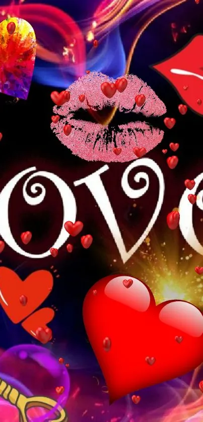 Romantic mobile wallpaper with red hearts and love symbols.