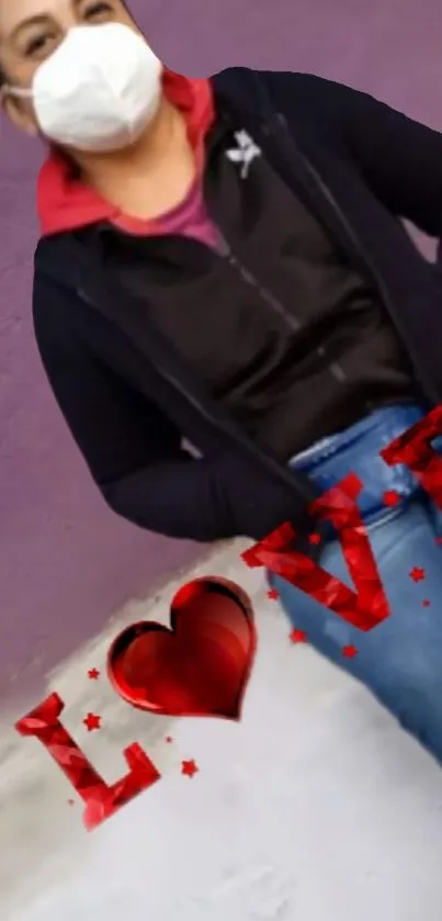 Purple background with red heart love text and person wearing mask.