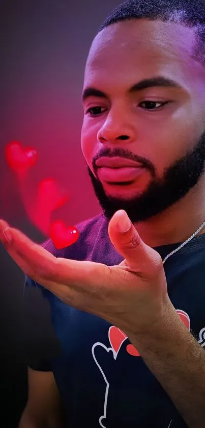 Man holds glowing red hearts in hand, magical vibe.