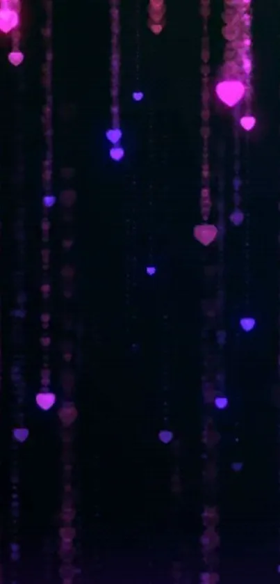 Cascading pink and purple hearts wallpaper with a dark background.