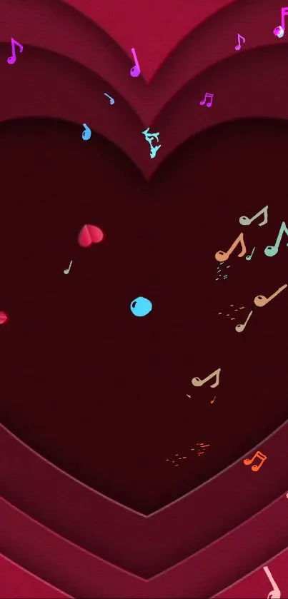 Heart-themed wallpaper with colorful music notes on a maroon background.