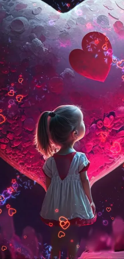 Girl gazes at luminous heart-shaped moon in a dreamy night scene.