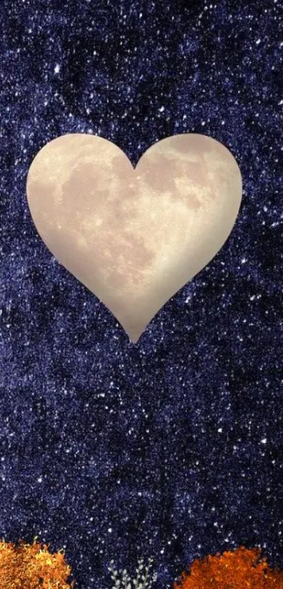 Heart-shaped moon in a starry night with autumn trees.