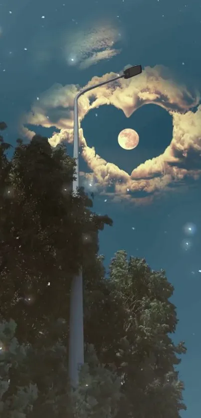 Heart-shaped cloud with moon and streetlight in a starry night sky.